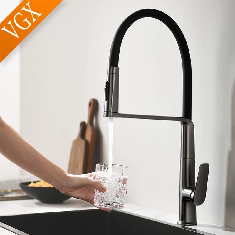 VGX Rubinetto da cucina Rubinetti per lavello Rubinetti per spruzzatore a flusso estraibile in gomma Miscelatore da cucina girevole Rubinetto per acqua Gru calda fredda Oro rosa
