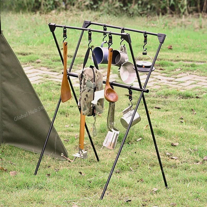 Scaffale di stoccaggio pieghevole per esterni, treppiede per stoviglie multifunzione da campeggio, ripiano di stoccaggio
