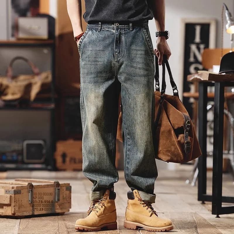 Jeans Denim American Men's Retro, Autumn Spring, Larga fit, Straight Leg, Casual, Washed, Workwear Style, Medium Waist Long Pants with Hinge Closure