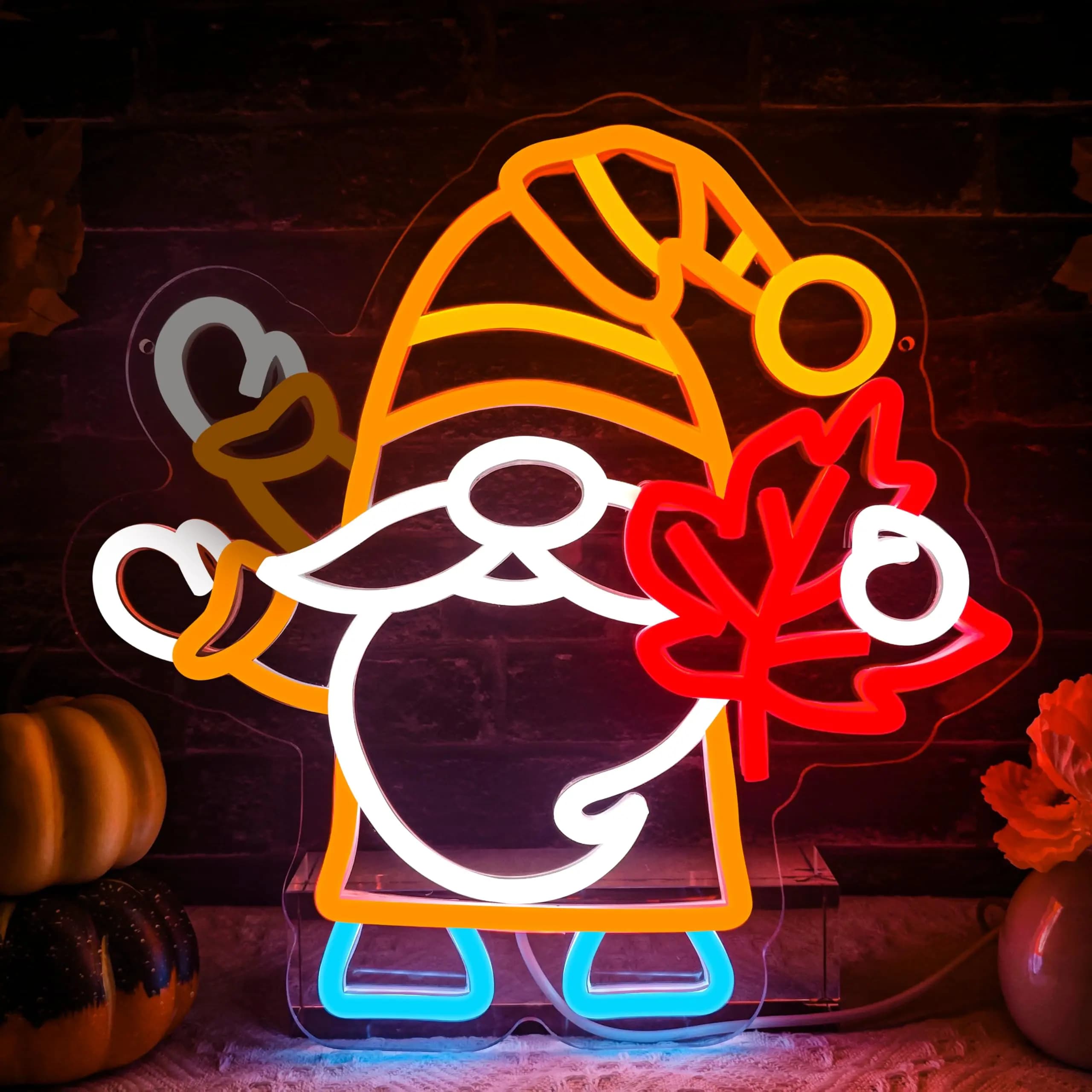 Gnomi lampeggianti Insegna al neon dimmerabile per la decorazione della parete Foglia d'acero per la ciao autunno Camera da letto del Ringraziamento Camera dei bambini Bar Club Decor