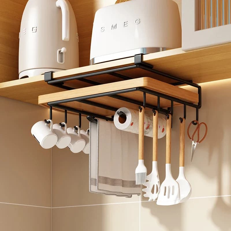 Kitchen Organizer hanging with hooks under the paper towel cabinet and rags clothes cutter and pen holder