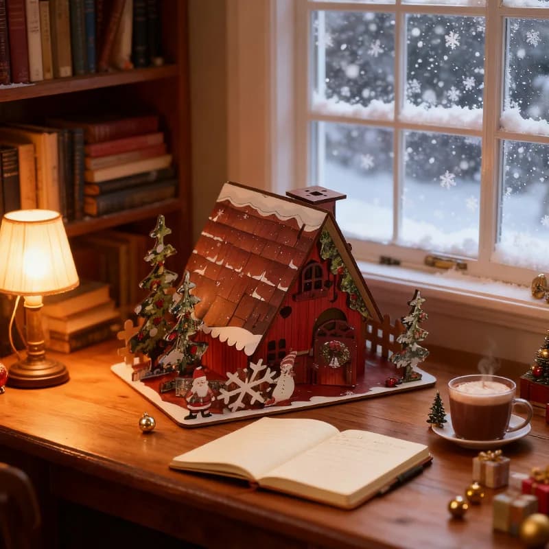 Puzzle 3D in Legno Fai-da-Te Modello Casetta Natalizia, Kit di Costruzione Scena Innevata Festiva, Giocattolo Educativo Montessori e Decorazione da Scrivania