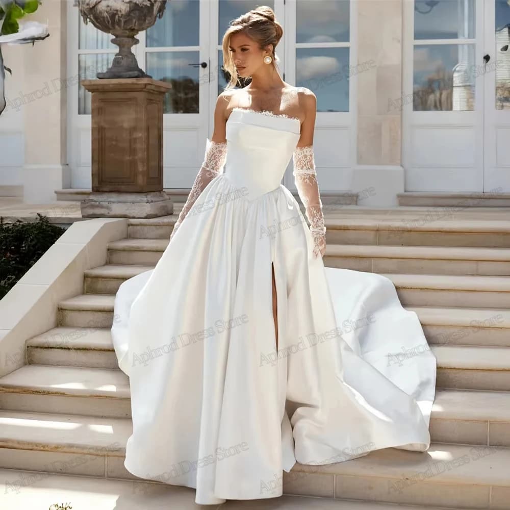 Glamour Bride Dresses in Simple Satin, Sleeveless Sexy Bride Dresses with High Spare for Women, Custom Wedding Dresses 2026
