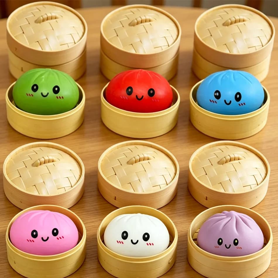 Squishies Colorati a Forma di Raviolo, Giocattoli Sensoriali Antistress, Simulazione Cibo con Vaporiera, Squeeze Dough per Alleviare l'Ansia, Regali