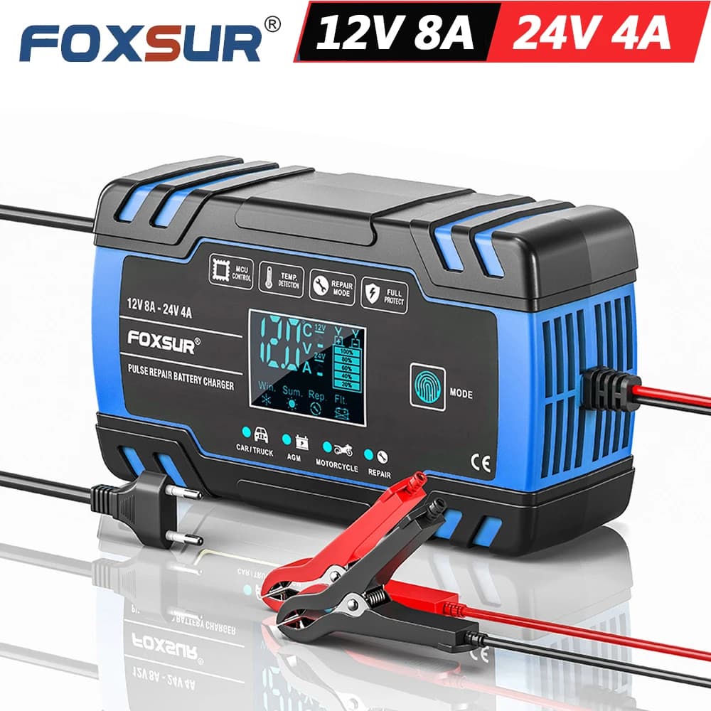 Caricabatterie a impulsi FOXSUR FBC122408D 12V 8A 24V 4A con display LCD per batterie AGM, a ciclo profondo, GEL e al piombo-acido