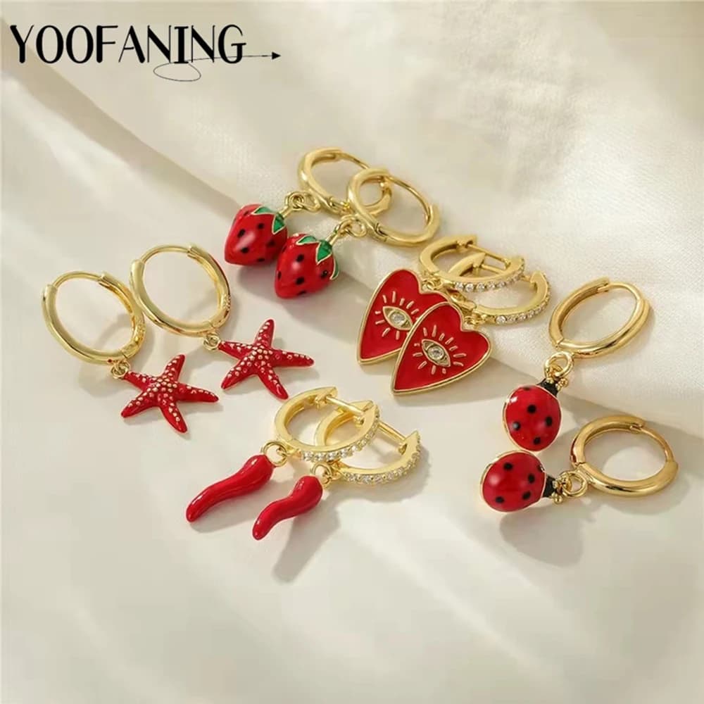 925 Sterling Silver Ear Needle 2024 Fashionable New Hoop Earring Chili Strawberry Heart-shaped Red Series Women Earrings Jewelry