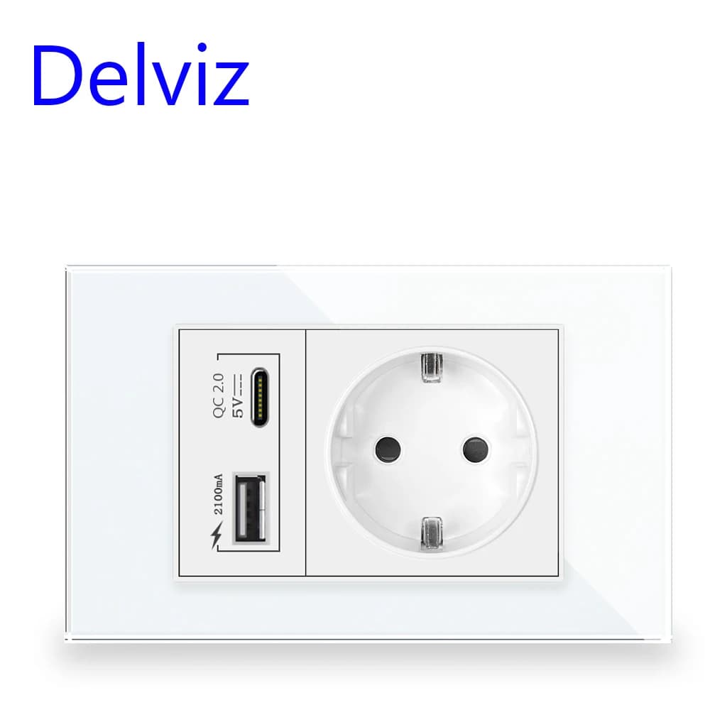 USB wall socket Delviz type C, with 2A USB ports, electrical socket, 120 mm * 72 mm crystal panel, power socket Europa 16A