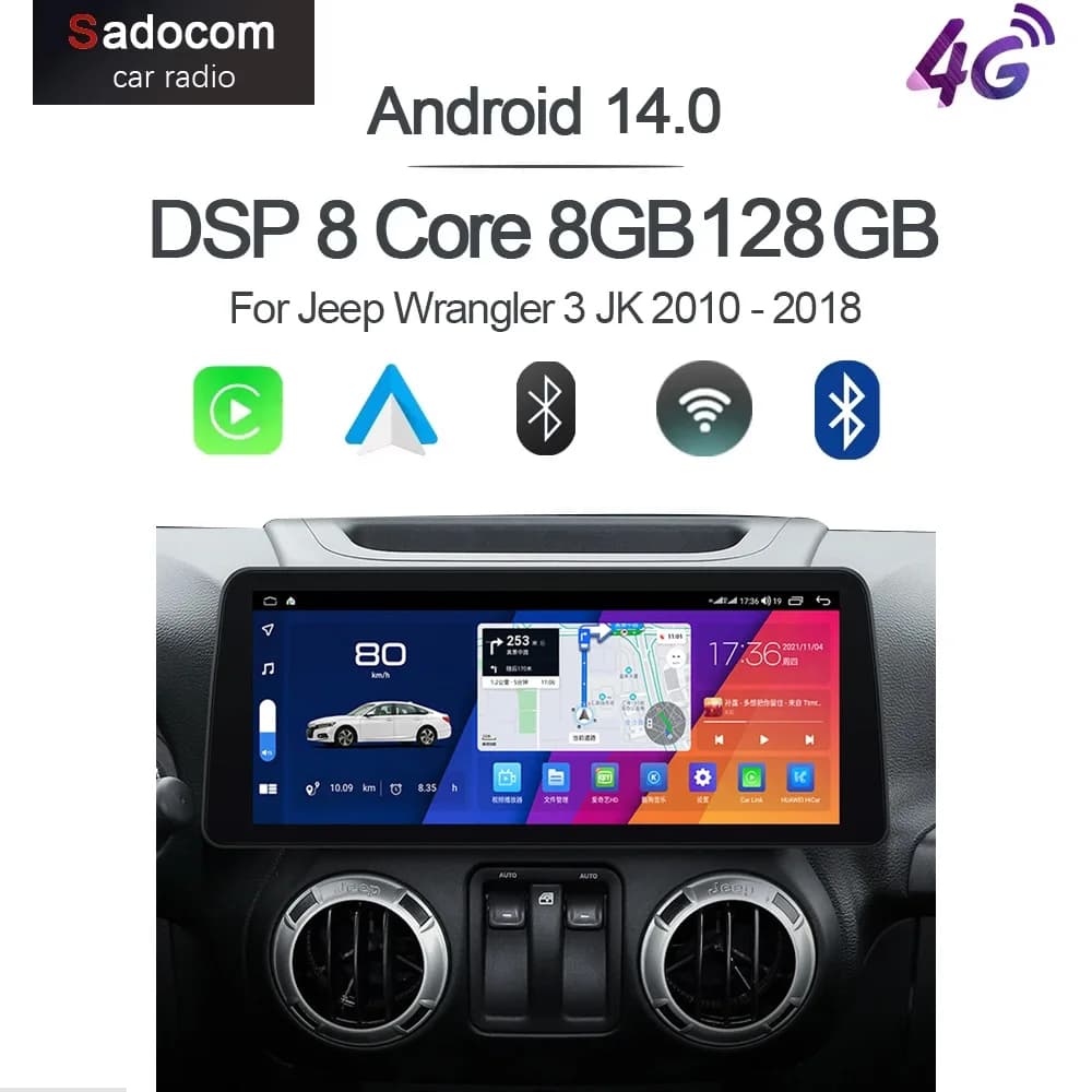 CarPlay 8G + 128GB 14 Lettore per auto GPS stereo Radio Navigazione autoradio Navigazione WiFi Per Jeep Wrangler 3 JK 2010 - 2018