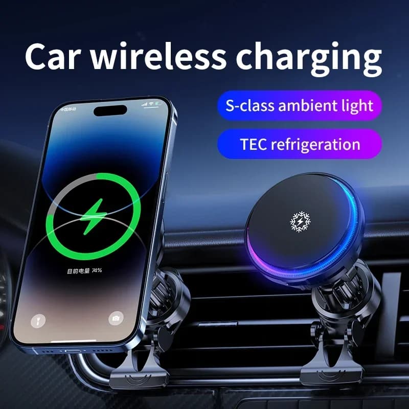 Quick charging station for magnetic wireless car charger with 30 W ice cooling for iPhone15 14 13 12 Pro Max MacSafe Car phone support
