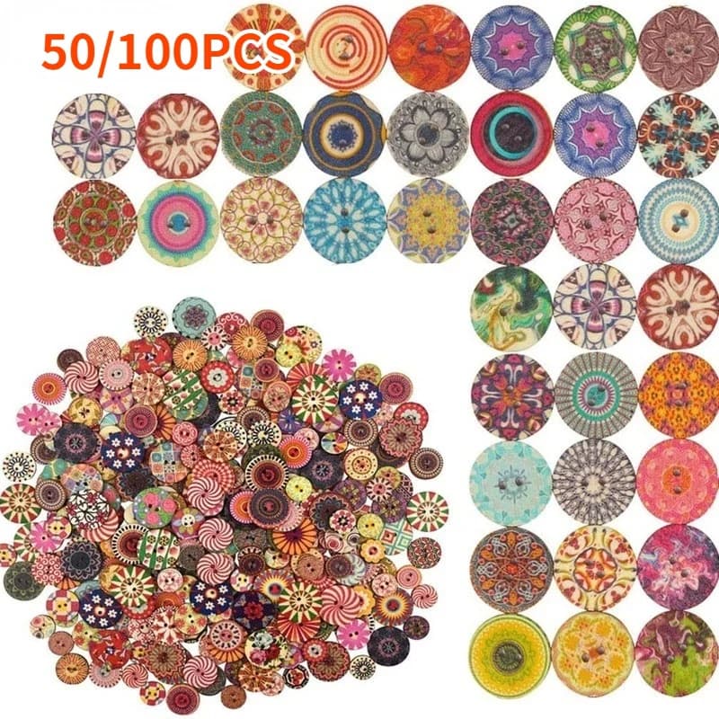 50/100 Bottoni decorativi in legno stampati floreali assortiti rotondi Processo floreale a 2 fori Gemelli in legno dipinti Processo di cucito fai da te