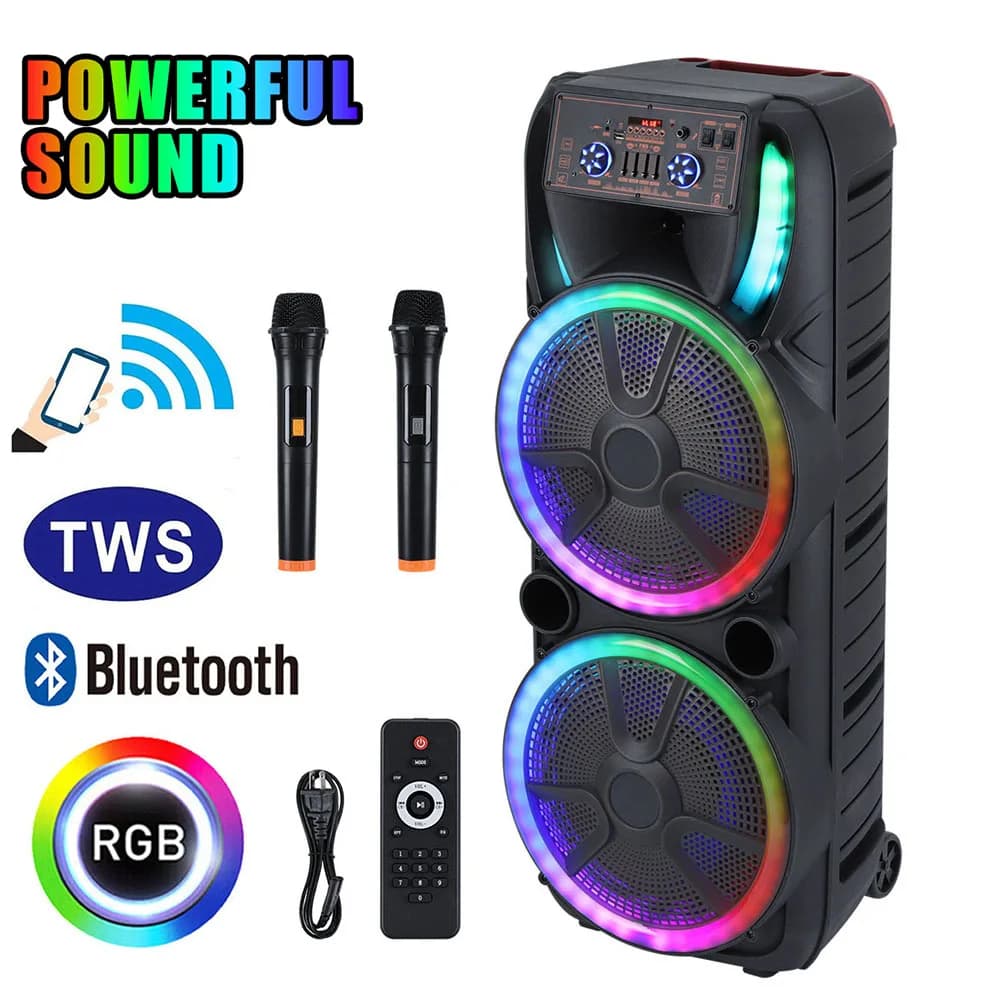 7000w Portable Bluetooth Party Speaker DJ Karaoke Heavy Bass Dual 15" Subwoofer Rechargeable Sound System Speaker Led Light