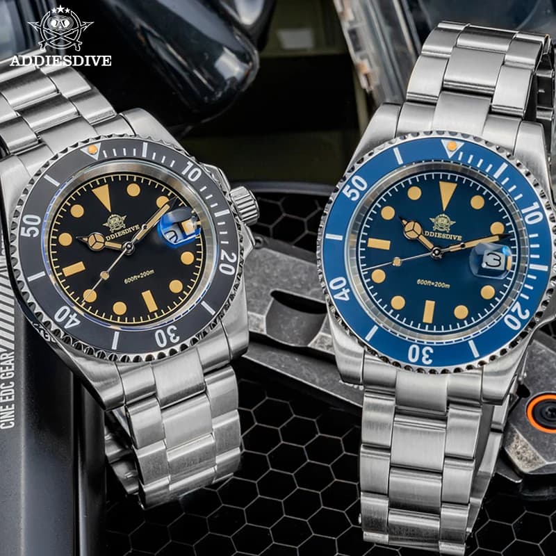 ADDIESDIVE New Men's Watch Quartz Wrist Watch 200m Waterproof Super C3 Bright Blue Dial AR Coating Automatic Underwater Watch with Date
