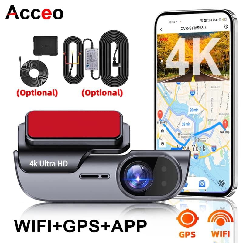 ACCEO Dashcam 4K per Auto, Telecamera Anteriore DVR con Visione Notturna, GPS, WiFi, Registratore Video 24H per Parcheggio, Scatola Nera Automatica con Registrazione in Loop