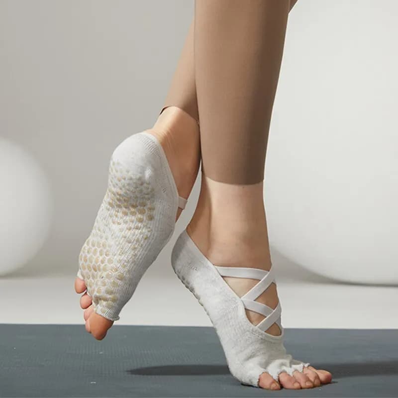 Calze da Yoga da donna impugnature antiscivolo calze da Pilates calze da balletto senza dita calze da Yoga traspiranti alla caviglia calze da Fitness da donna