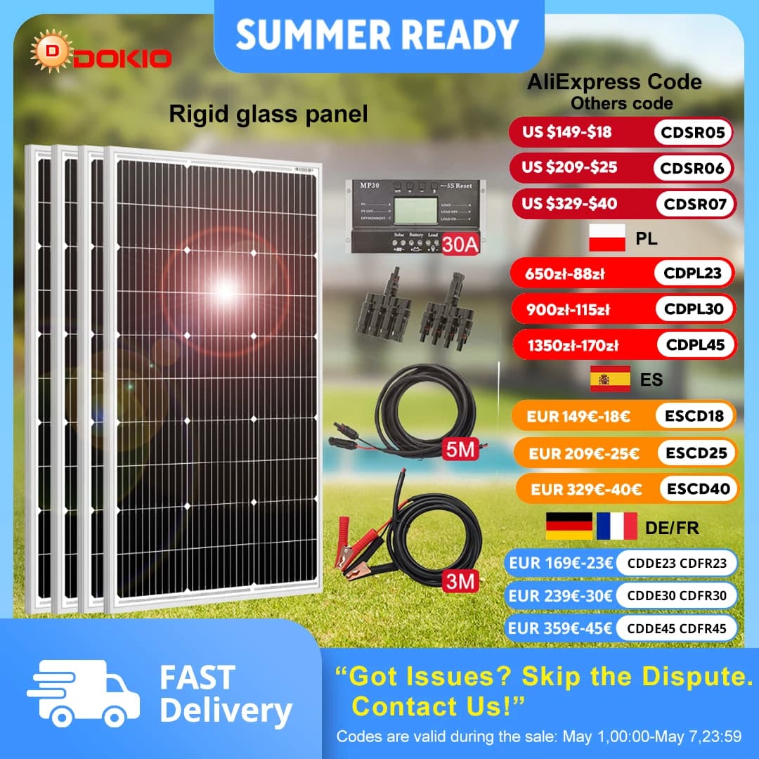 Pannello solare rigido DOKIO 18V 400W Cina Pannello solare impermeabile in silicio monocristallino 18V che carica 12V # DSP-100M Campeggio/Casa/RV