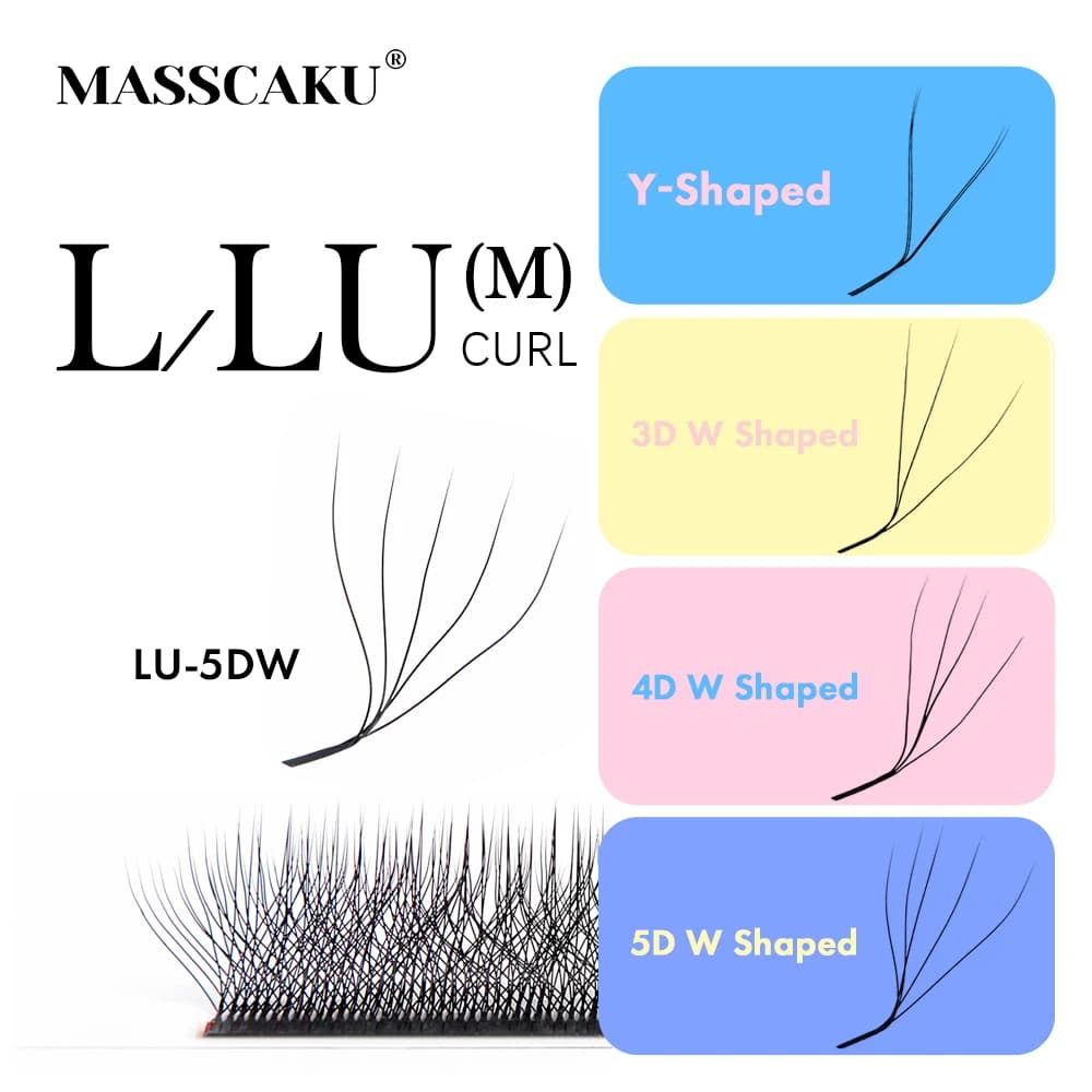 MASSCAKU L/LU(M) Curl YY 3D 4D 5D W Forma Estensione ciglia Tessuti a mano Luce morbida Ciglia naturali Premade Volume Ciglia a ventaglio