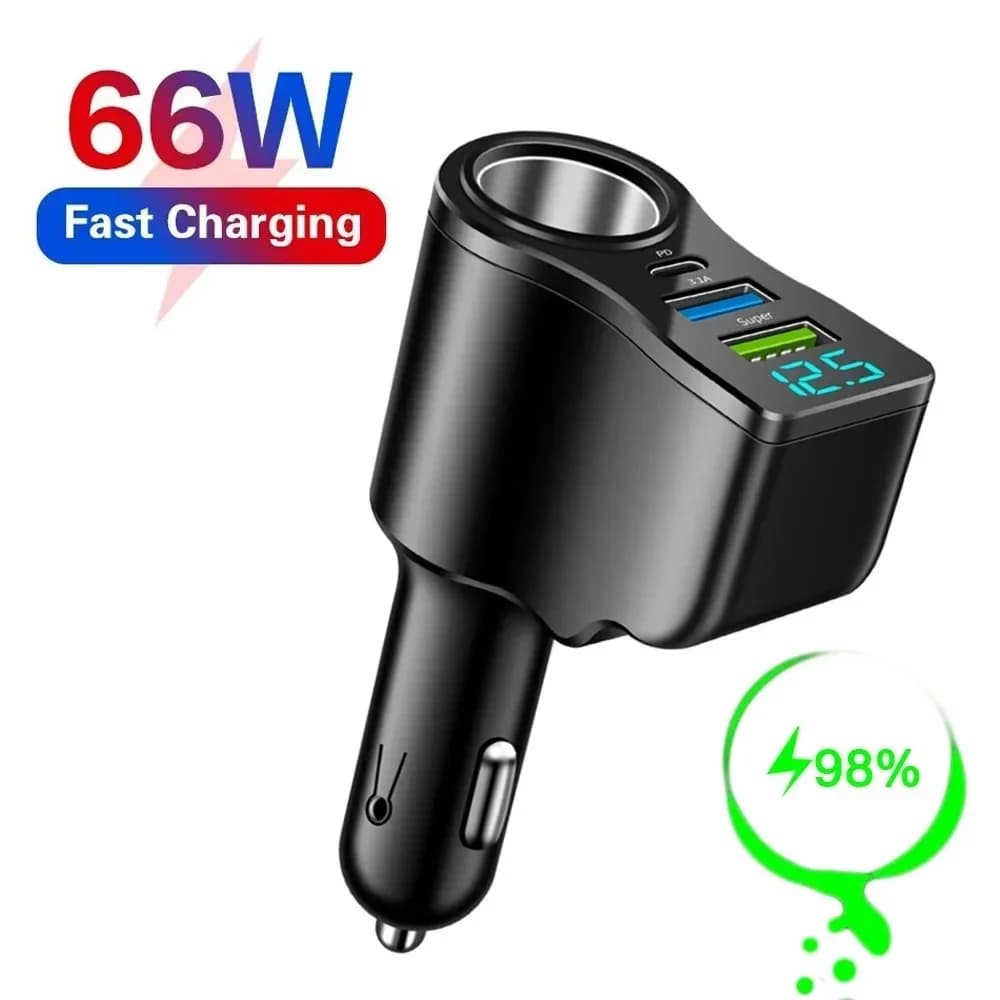 Caricabatterie Auto Digitale 66W 5A con Display, Doppia Porta USB, Splitter Accendisigari 1 a 3, Hub Multifunzionale