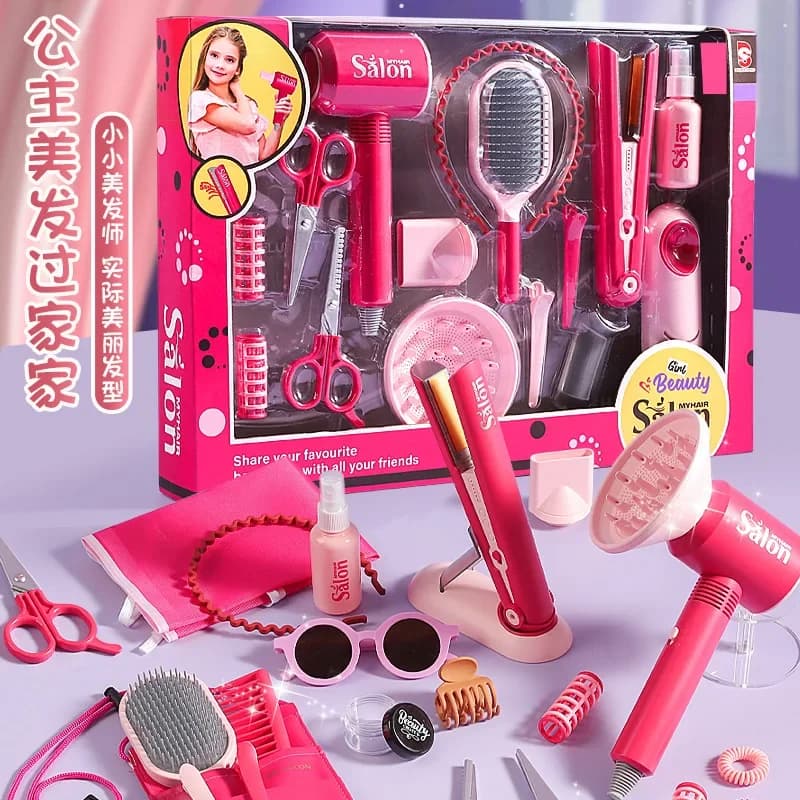 Set salone di bellezza per ragazze 5-22 in 1, kit per tagliare i capelli, giocattolo da parrucchiere con asciugacapelli, forbici, grembiule da barbiere Stylin