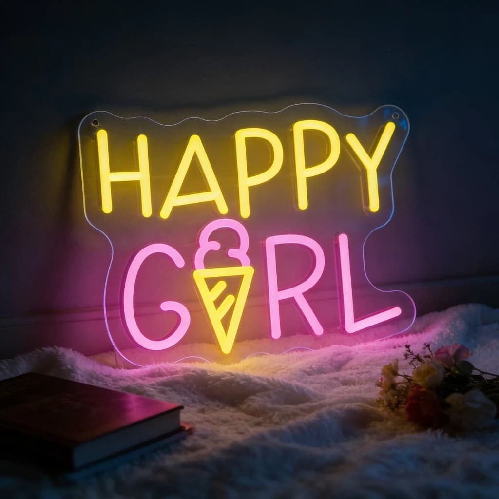 Insegna al Neon HAPPY GIRL con Gelato per Camera da Letto, Decorazione per Feste, Vibrazioni Positive, Illuminazione LED da Parete Dolce e Carina