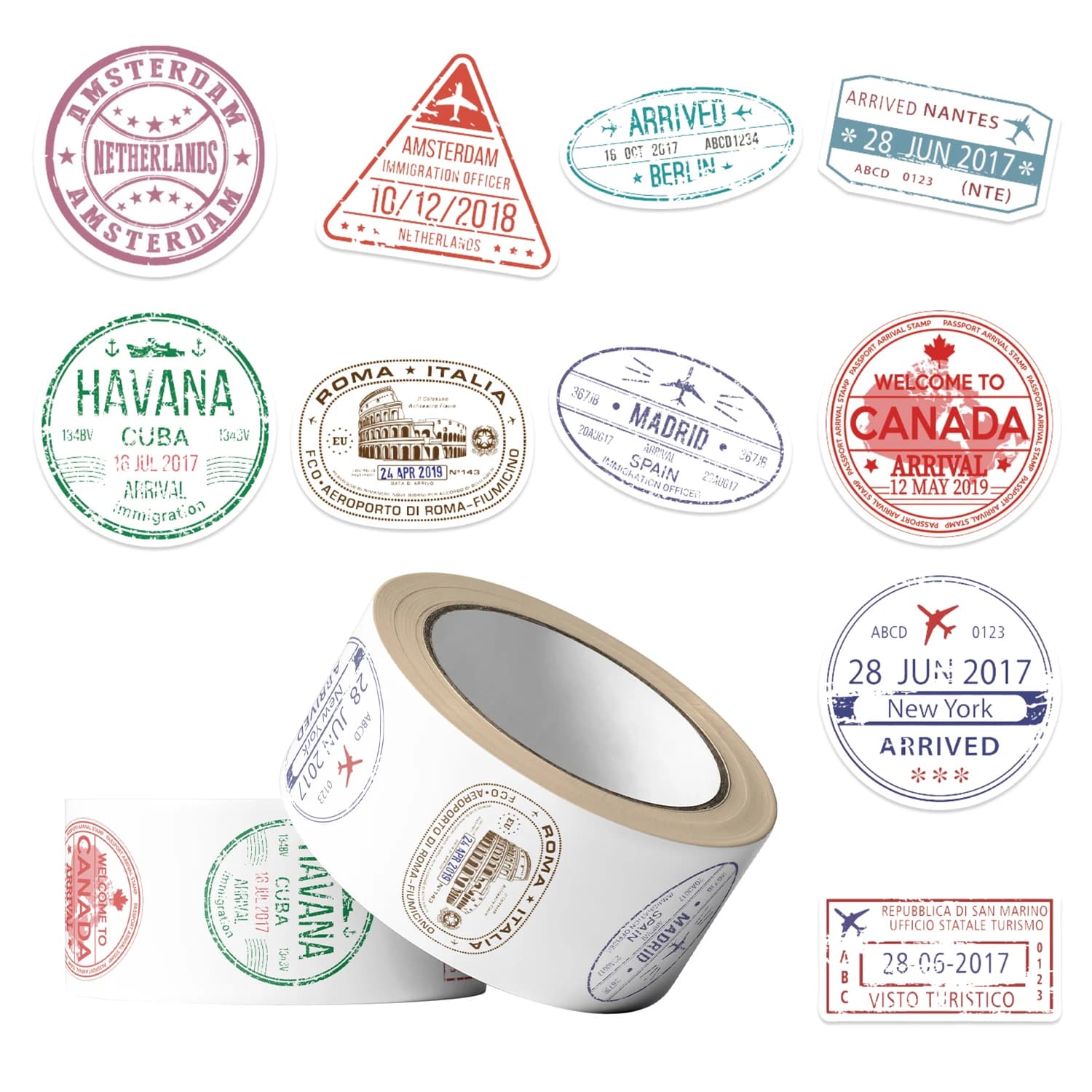 500 Pz/rotolo Passaporto Timbro postale Francobolli Adesivo di Tenuta FAI DA TE Scrapbooking Notebook Bagagli Laptop Skateboard Adesivo Giocattolo