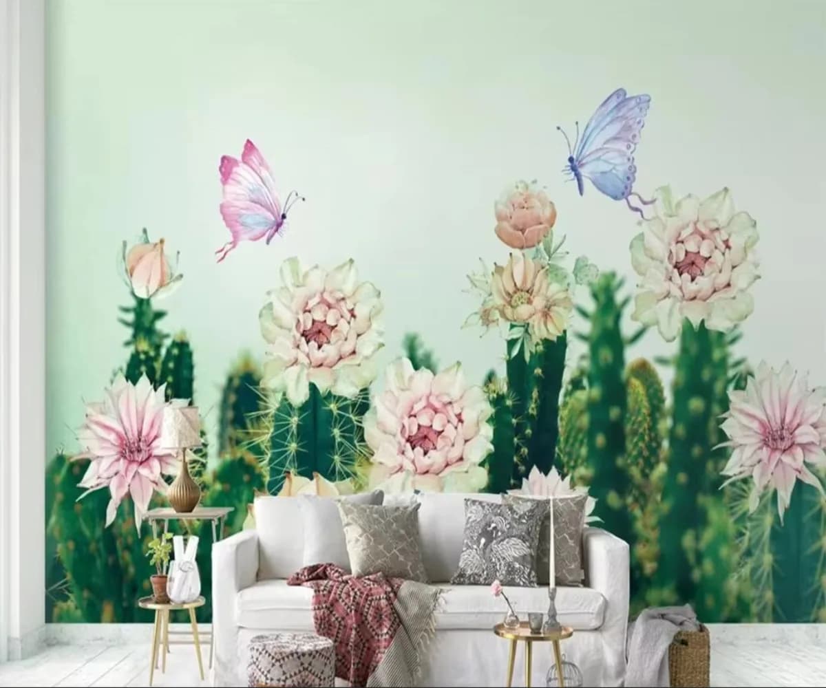 Carta da Parati Murale Personalizzabile con Cactus, Adesivi Murali per Cameretta Bambini con Piante del Deserto, Fiori e Foglie di Cactus