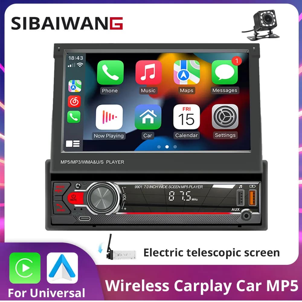 Wireless Carplay Android auto 7 pollici Car Stereo 1 Din Autoradio Lettore MP5 Touch Screen retrattile WIFI FM Ingresso AUX Bluetooth