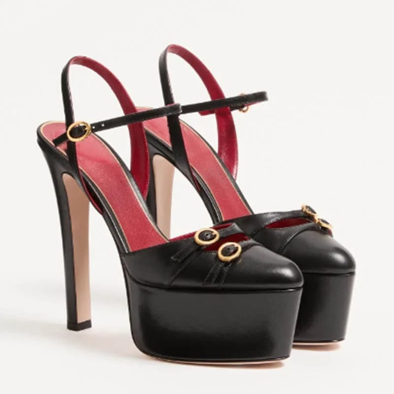 Luxury high heel shoes in French style with thick and retro tip carved for banquets, sandals with strap with women's buckle