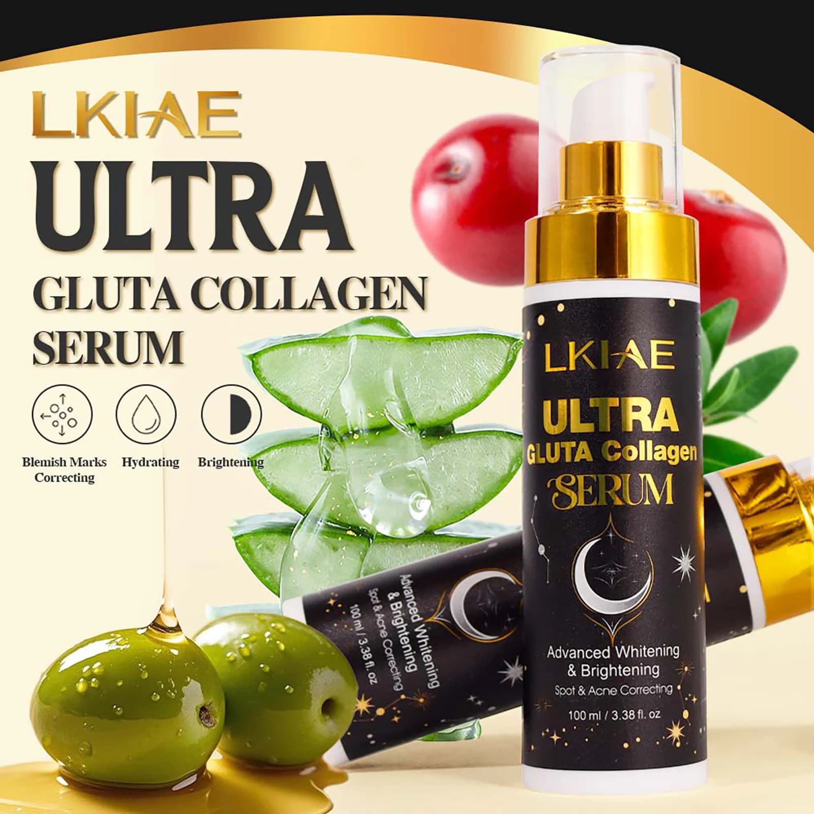 Siero al collagene e glutatione LKIAE Ultra, idratante, rimuove l'acne, macchie scure, uniforma il tono della pelle, per viso e corpo, 100ml