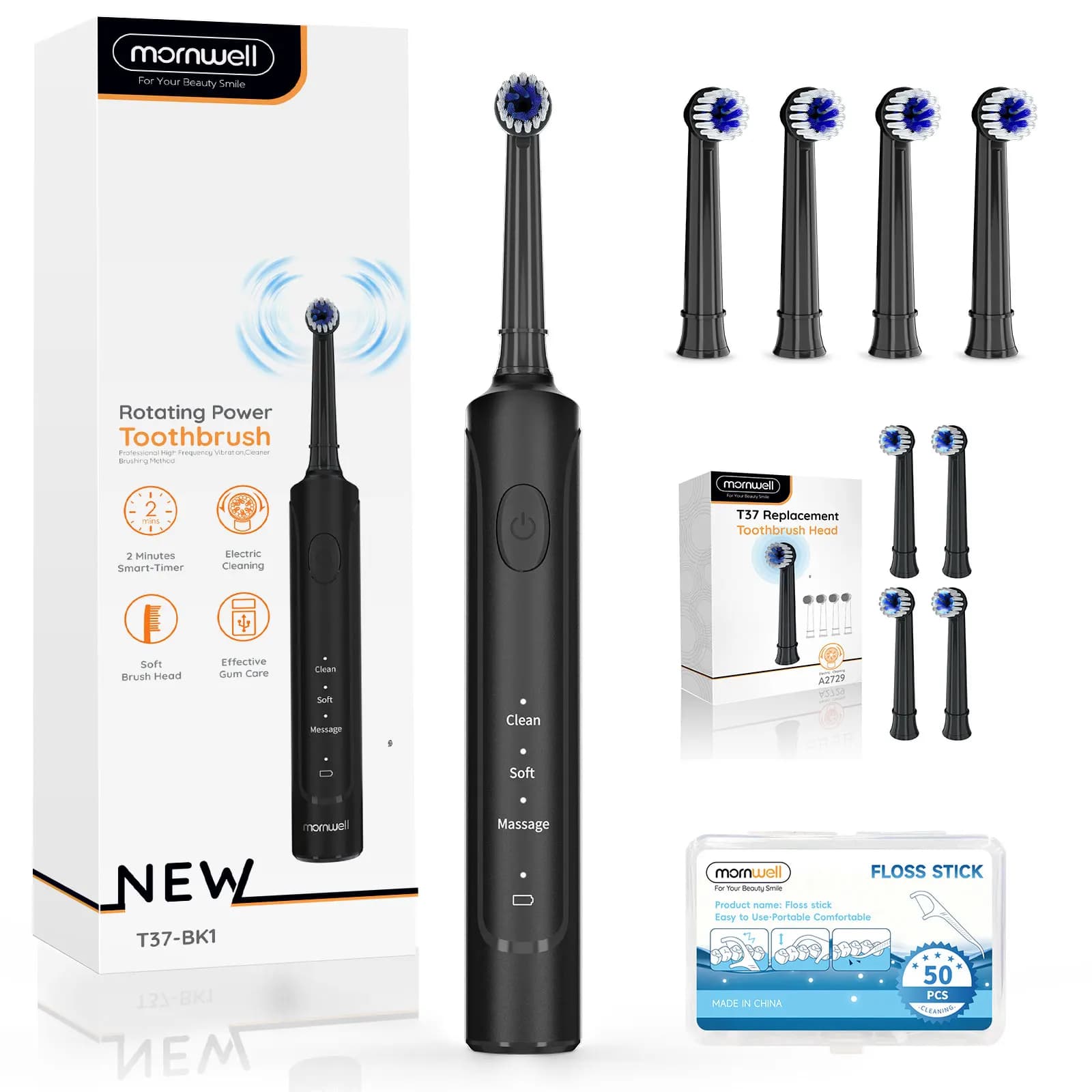 Mornwell rotating electric toothbrush for adults with 8 heads, rechargeable electric toothbrush in 3 modes, 2-minute T37(T2233) timer