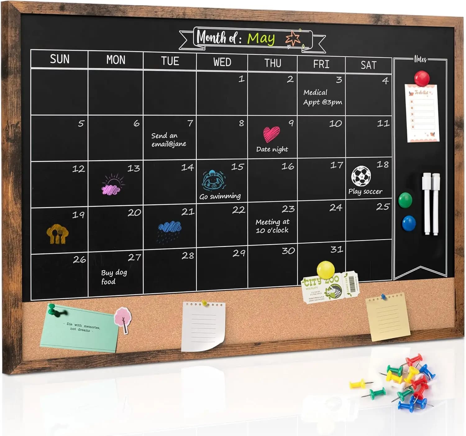 Calendario magnetico con lavagna mensile con lavagna in sughero, 24x36 pollici, montaggio a parete per ufficio, cucina, scuola, casa
