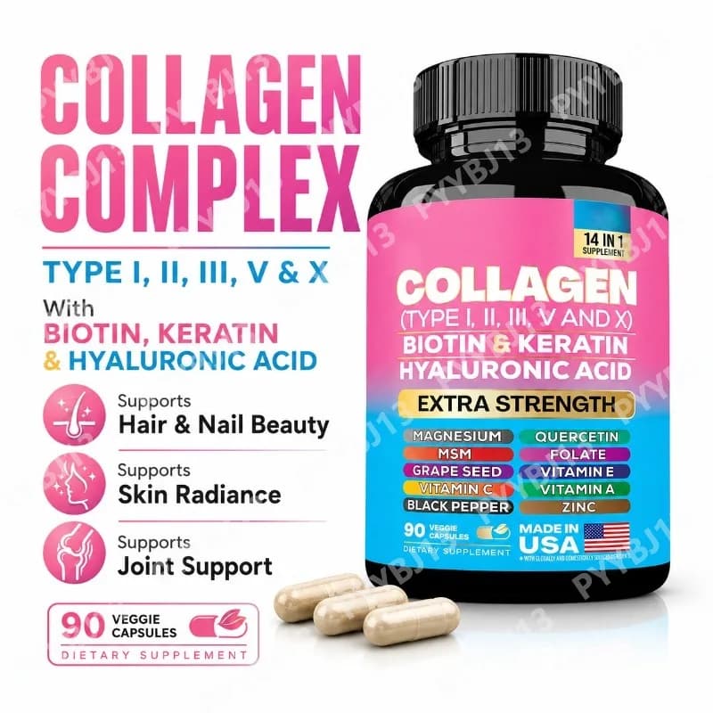 Collagen Biotin Keratin Hyaluronic Acid Capsules Extra Strength with Vitamins A C E and Zinc Skin Health 90 Capsules
