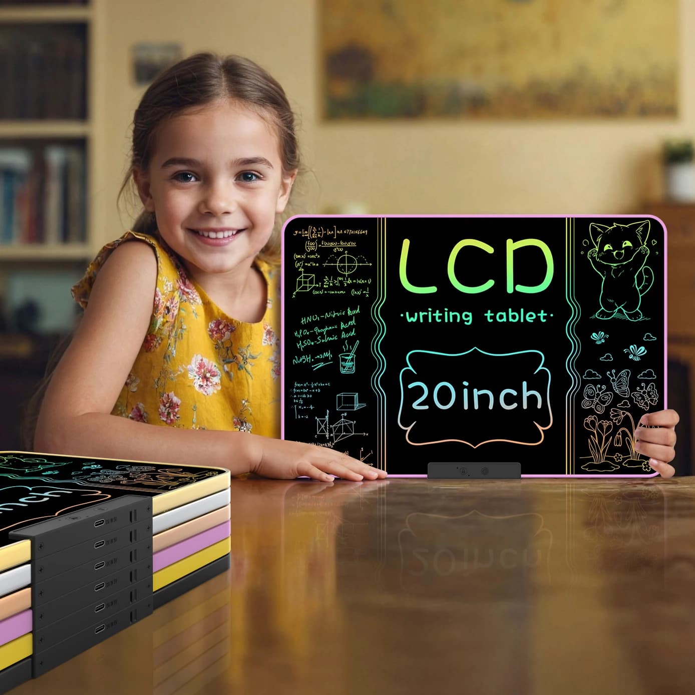 Tavoletta da scrittura LCD ricaricabile da 20 pollici, tavolo da disegno per graffiti cancellabile multicolore per l'apprendimento e l'istruzione