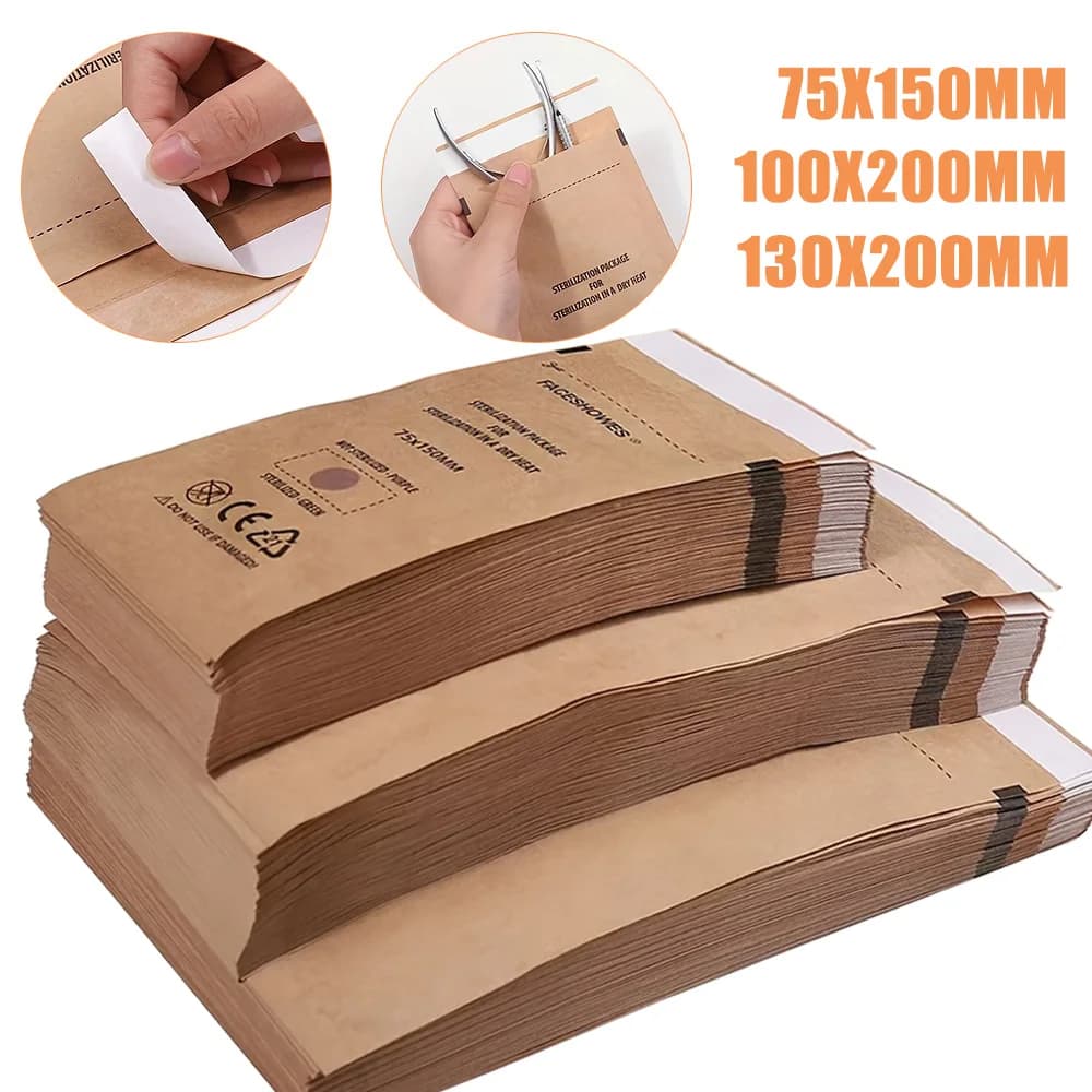 Disposable Self-Seal Nail Care Sterilization Bags Manicure Pouches, Unscented Autoclave Kraft Paper Cleaning Bags Nail Art Tool