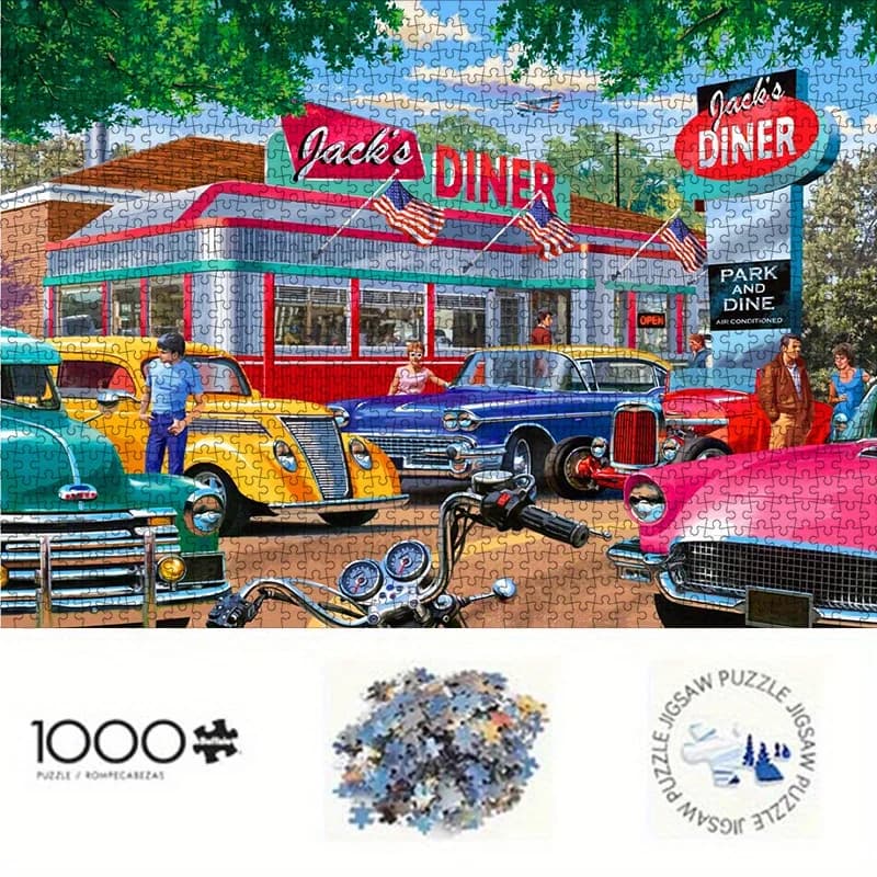 Puzzle Vintage di Diner Americano e Auto d'Epoca, Gioco Intellettuale per Adulti, Decorazione per Casa e Tempo Libero