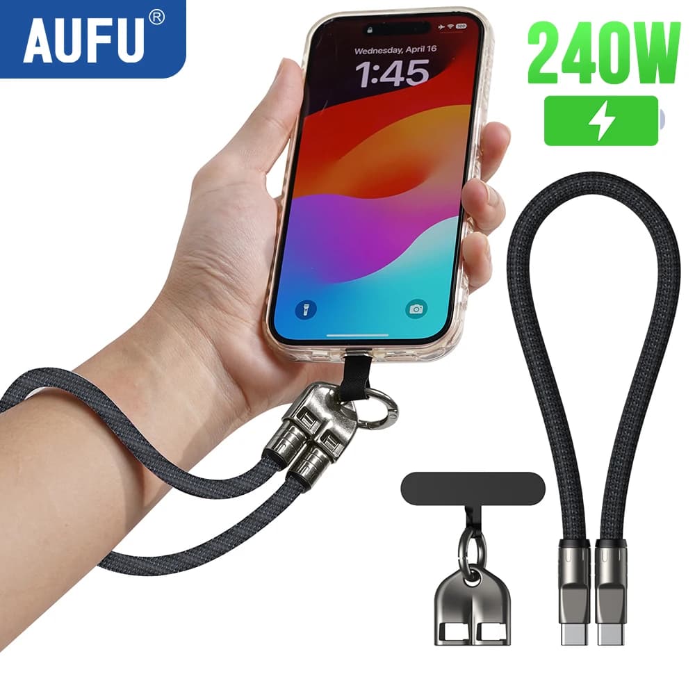 AUFU 2in1 240W USB C Type C Data Cable Cord 5A PD Quick Charging for iPhone 16 15 Xiaomi Huawei Charging Cord for Phone