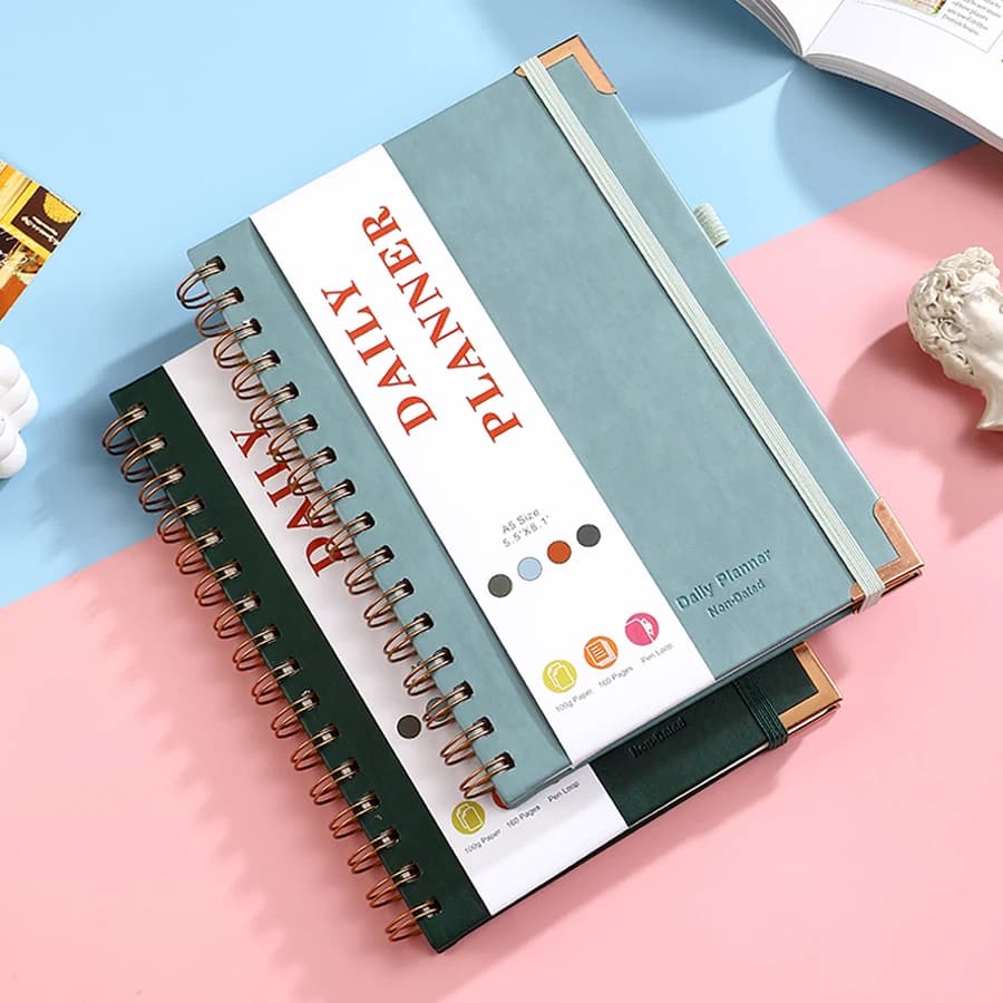 A5 Undated Daily Planner Notebook - 160 Pages to Do List Journal with Leather Cover Coil Binding Elastic Band Schedule Organizer