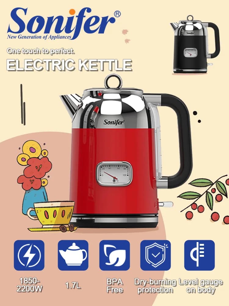 Bollitore Elettrico Retrò Sonifer SET1-03 1.7L 2200W in Acciaio Inox 304 con Display della Temperatura e Termometro Visivo