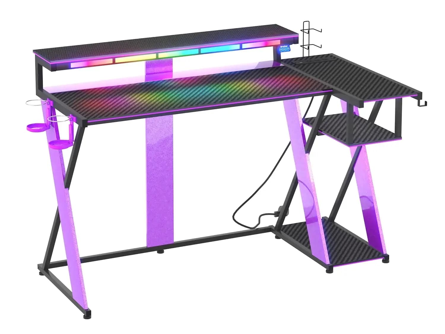 Corner Gaming Desk with LED, Monitor Support, PS5 shelves, Glass Holders, Headphone Hook, for Restrooms, 57 Poles, Customizable