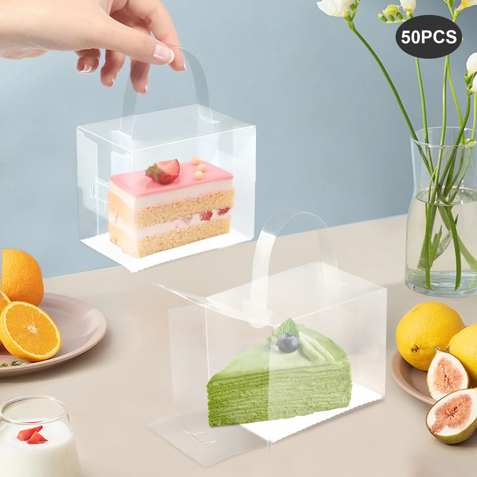 Set di 50 Scatole Trasparenti per Torte, Contenitori in Plastica con Coperchio e Manico, Scatole per Torte per Matrimoni, Compleanni e Feste