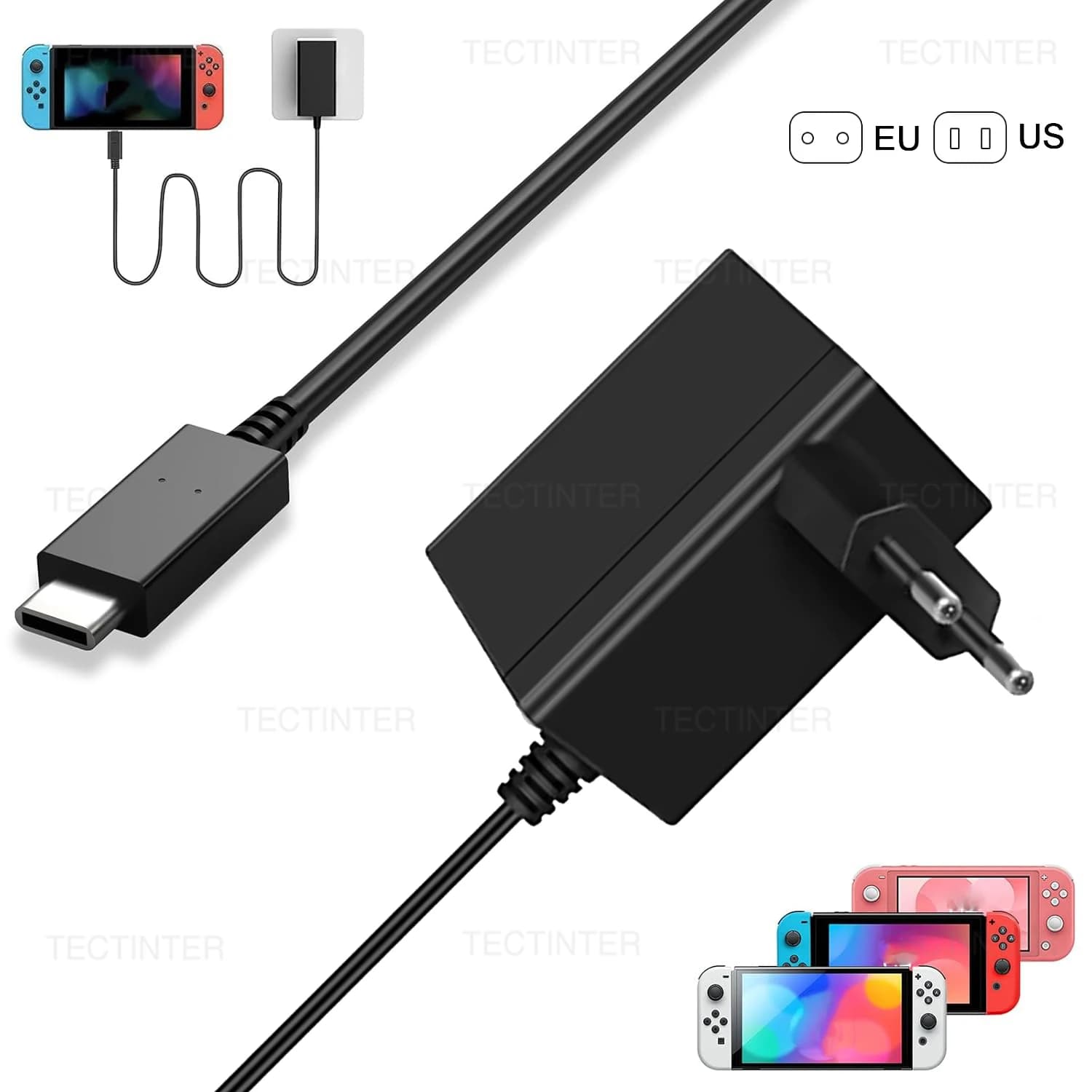 Adattatore CA con spina EU/US da 39W, caricabatterie rapido per Nintendo Switch / OLED, alimentatore da parete con porta Type-C per accessori PS5 Portal
