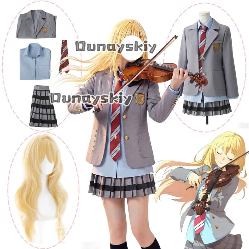Cosplay Costumes by Miyazono Kaori, Synthetic Wig, Pants, Jacket, Gonna, School Uniforms for Girls in April