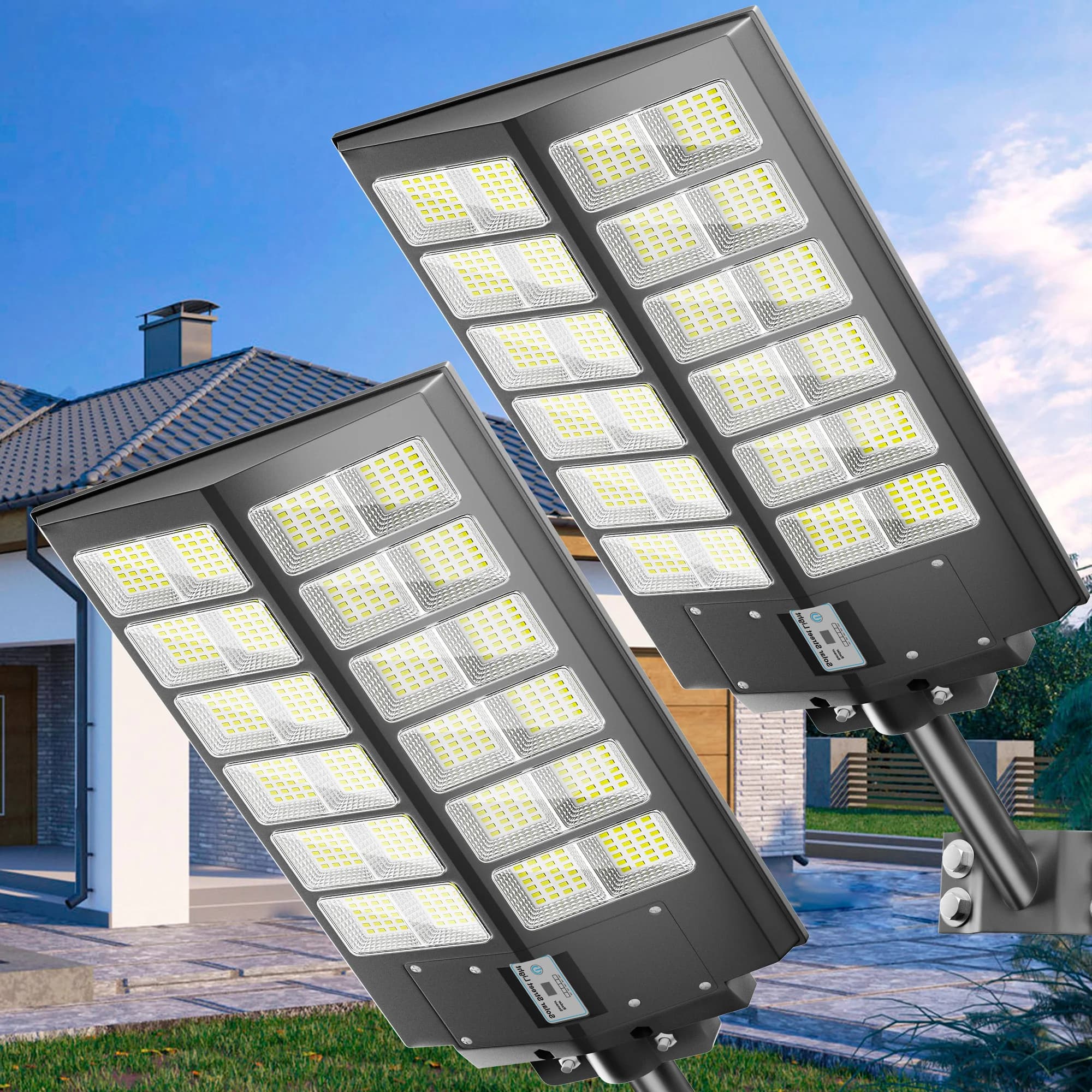 Lampioni stradali solari da 2 pezzi da 5000 W per esterni, sensore di movimento a luce di inondazione solare e telecomando, luci da giardinaggio per decorazioni da giardino