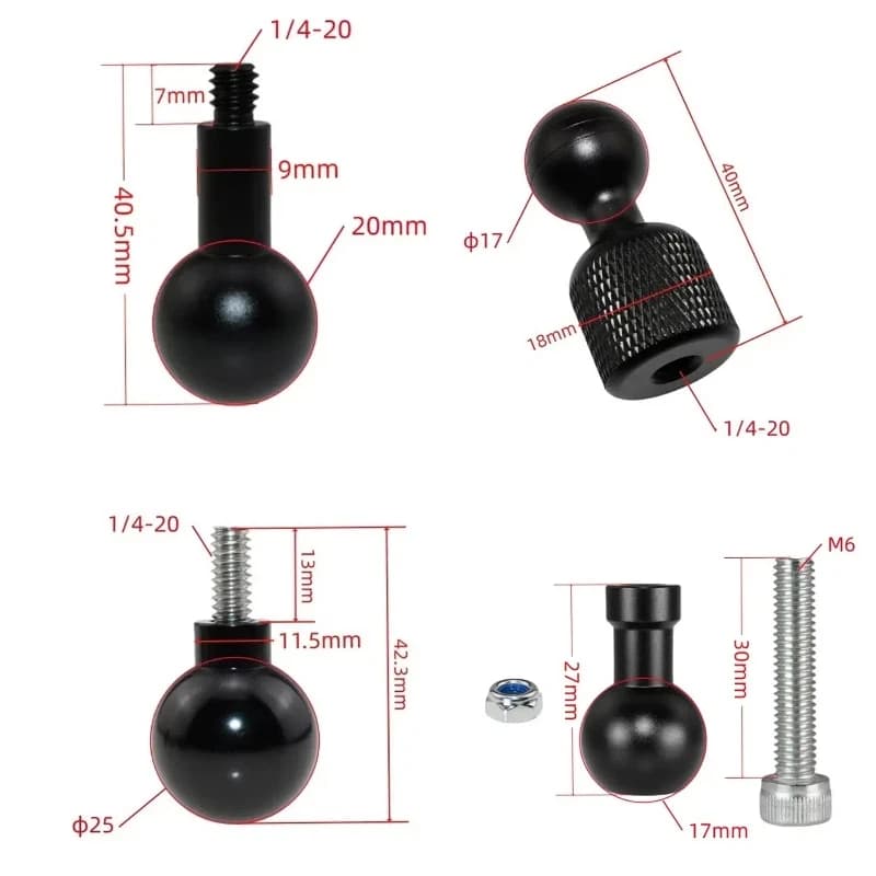 Metal 17mm 20/25mm Ball Head Adapter 1/4" Screw Hole Adapter for Gopro Insta360 Osmo Action Camera Stand Connector Phone Holder