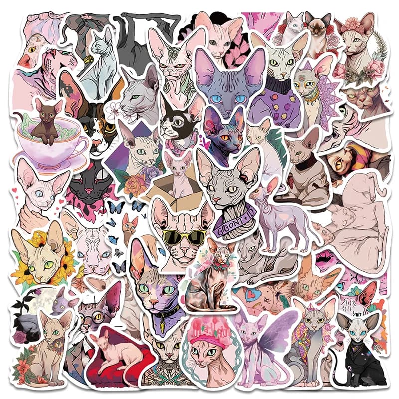 50PCS The Canadian Hairless Sphinx Cat Cartoon Stickers DIY Helmet Skateboard Bicycle Skateboard Graffiti Decals Kids Toys Gift