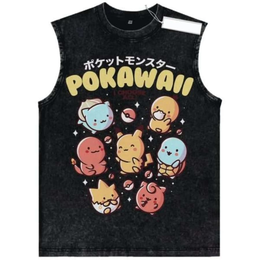 Canotta Vintage Lavata Pokemon Uomo Donna, Gilet Senza Maniche con Grafica Anime Retrò, Casual Streetwear Traspirante Vestibilità Ampia, Top Estivo
