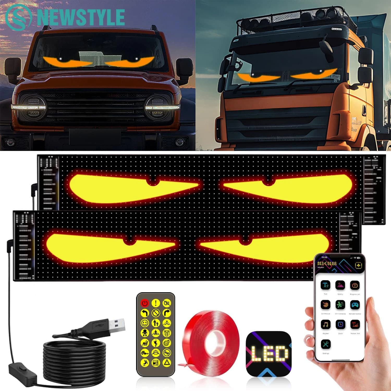Luci LED a forma di occhio del diavolo per parabrezza con telecomando, controllo tramite app Bluetooth, impermeabili IP65, pannello luminoso a matrice per decorazione di camion e auto