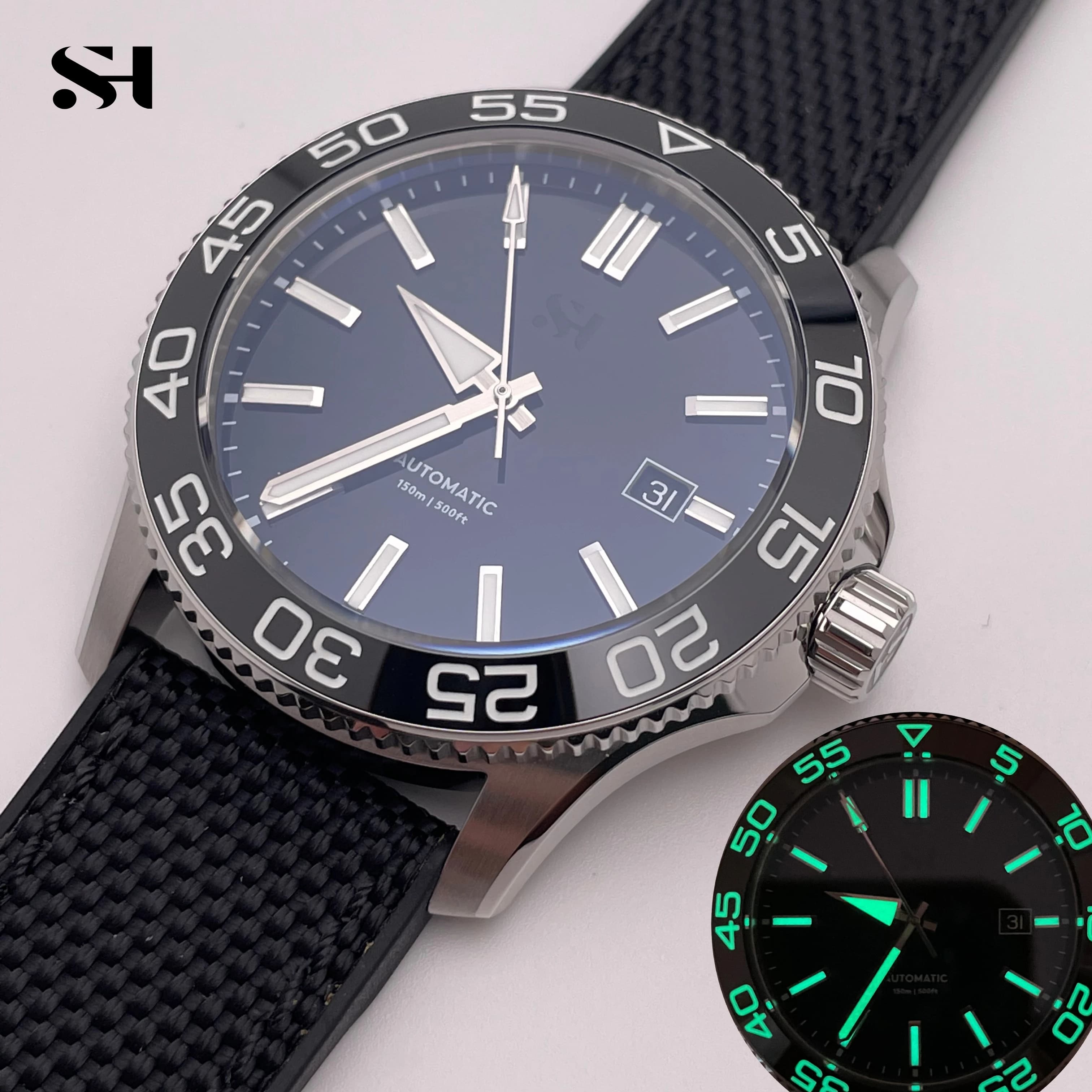SH Automatic Underwater Watch Glazed Water Resistance 150M Fully Brushed Bracelet Transparent Rear Watch for Men Free Shipping Gift