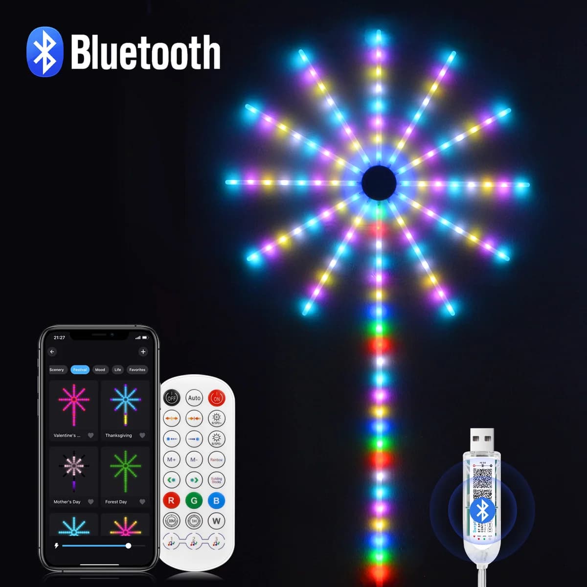 Fuochi d'artificio di Natale Luce RGBIC LED String Light Festoon LED Ghirlanda Lampada da giardino per esterni Decorazioni per feste di nozze Lucine