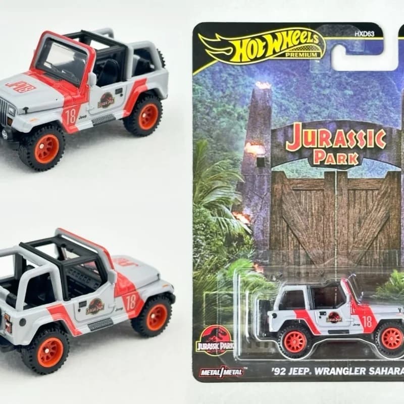 Hot Wheels Premium Jurassic Park '92 Jeep Wrangler Sahara Scala 1:64 Modello in metallo pressofuso Auto Cultura pop Giocattolo da collezione