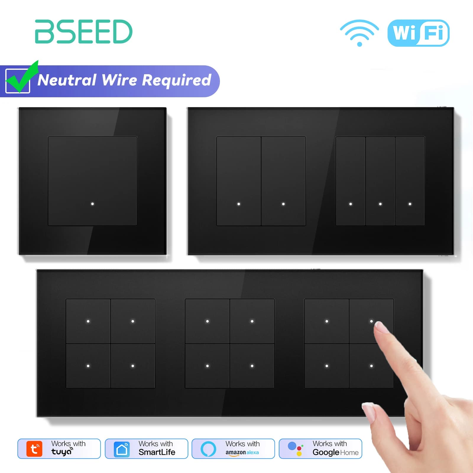BSEED 1/2/3/4Gang 2Way Smart WIFI Interruttore della luce Clic sul pulsante Interruttore Supporto Tuya Vita intelligente Alexa Pannello di vetro di controllo Colore nero